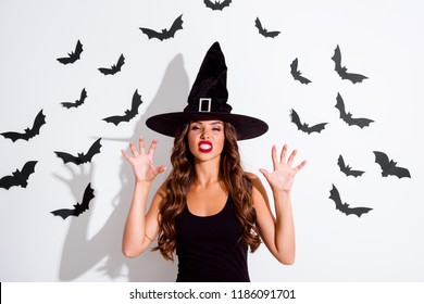 Portrait Curly Woman Predator With Modern Brunette Hairdro, Red Lips Lipstick Look At Camera Hold Open Fingers Palms Forvard Show Sharp Teeth Isolated On White Background