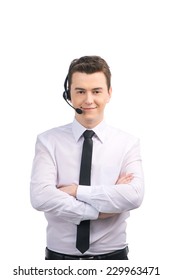 Portrait Of Customer Service Representative Standing Arms Crossed. Man With Headset Standing Over White Background