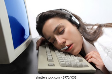 portrait of customer support operator woman falling asleep