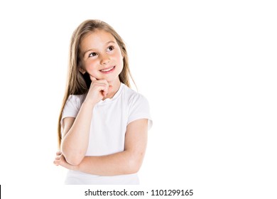 Portrait Of A Cute 7 Years Old Girl Isolated Over White Background Pensive