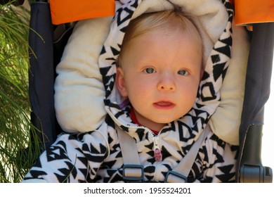 Portrait Of A Cute Adorable Smiling Baby Boy In A Stroller Close Up