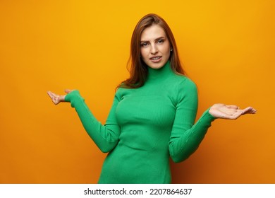 Portrait Of Cute Attractive Young Woman Showing Whatever Gesture On Yellow Background