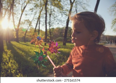 Portrait Of A Cute Boy Blowing Wind Wheel In Sunshine