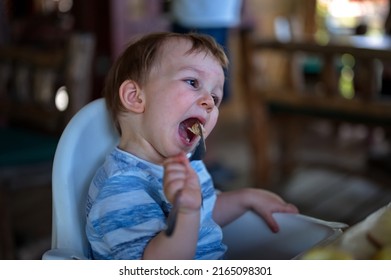 Portrait Of Cute Boy Eating Meat Using Fork