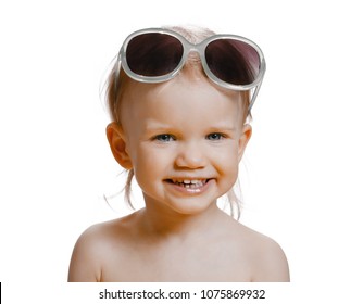 Portrait Of Cute Caucasian Baby 2-3 Year Old With Big Sunglasses On Face. Isolated On White Background