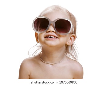 Portrait Of Cute Caucasian Baby 2-3 Year Old With Big Sunglasses On Face. Isolated On White Background