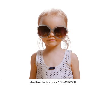 Portrait Of Cute Caucasian Baby 2-3 Year Old With Big Sunglasses On Face. Isolated On White Background