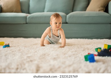 Portrait of a cute crawling baby boy at home - Shutterstock ID 2323125769