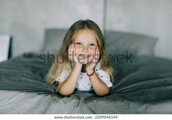 Portrait Cute Girl Lying Barefoot Bed Stock Photo 2209046549 | Shutterstock