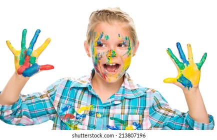 Portrait of a cute girl showing her hands painted in bright colors, isolated over white
