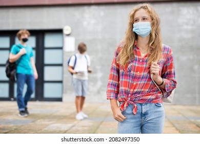 Portrait Of Cute Girl Teen Student In Protective Face Mask On Her Way To College Outdoor