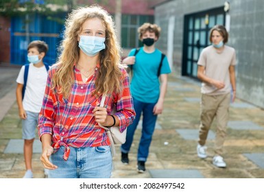 Portrait Of Cute Girl Teen Student In Protective Face Mask On Her Way To College Outdoor