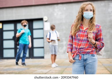 Portrait Of Cute Girl Teen Student In Protective Face Mask On Her Way To College Outdoor