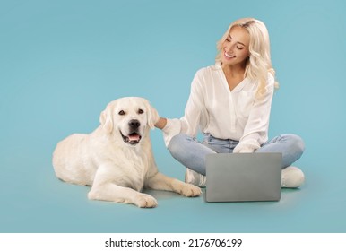 Portrait of cute golden labrador retriever lying near his owner, lady petting her dog and using laptop computer. Woman working on computer, sitting on blue background - Powered by Shutterstock