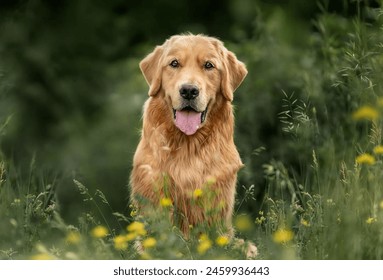 Portrait of a cute Golden Retriever dog in the garden. - Powered by Shutterstock