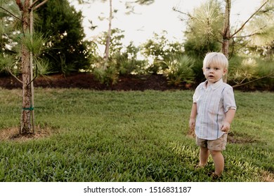 Portrait Of Cute Handsome Blond Little Kid Boy In Colorful Striped Button Down Shirt Walking Outside In The Grass Watching The Sunrise