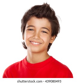 Portrait Of A Cute Happy Smiling Boy Isolated On White Background, Teenager In Good Mood, Carefree Childhood