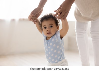 Portrait Of Cute Little African American Baby Learn Walking At Home Holding Mom Hands. Small Biracial Toddler Child Kid Make First Steps With Mother Love And Support. Childcare, Motherhood Concept.