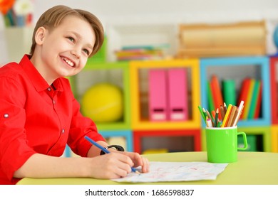 Portrait Cute Little Boy Drawing Pencils Stock Photo 1686598837 