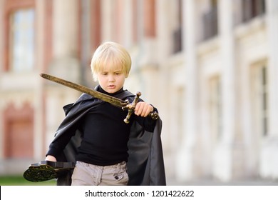 Portrait Of A Cute Little Boy Dressed As A Medieval Knight With A Sword And A Shield. Medieval Festival Or Costume Party For Kids