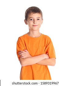 Portrait Of Cute Little Boy On White Background