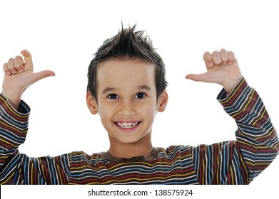 Portrait of a cute little boy smiling on white background