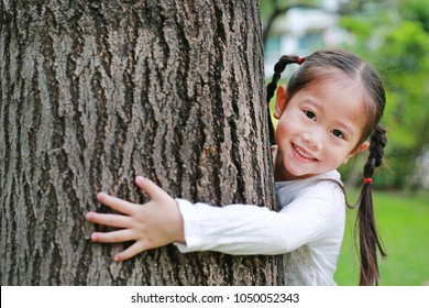 Portrait Of Cute Little Child Girl Hugging Tree In The Park.