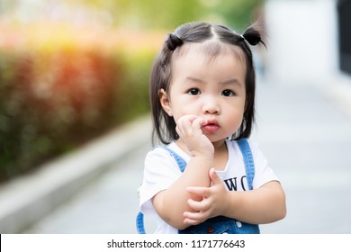 Portrait Cute Little Girl Asian Happiness Shot Outdoors, 1-2 Year Old