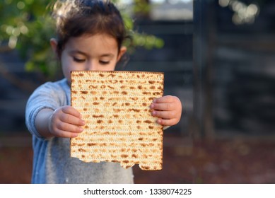 Portrait Of The Cute Little Girl Holding Matzah. Jewish Child Eating Matzo (unleavened Bread)  In Jewish Holidays Passover. 