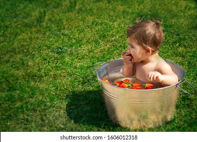 Portrait Of Cute Naked Infant Baby Girl Sitting Smiling And Eating Strawberries In A Tin Ice Bucket Full Of Water And Strawberries Outdoors On Green Grass