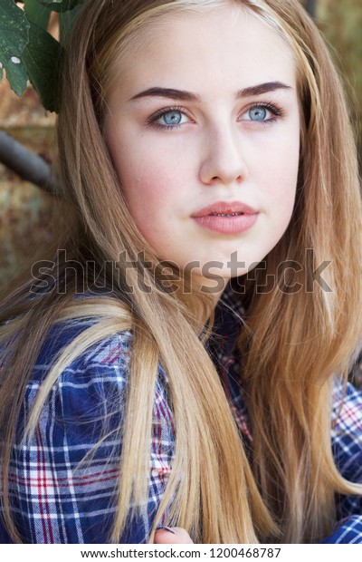 Portrait Cute Natural Blondehaired Blueeyed Teenage Stock Photo