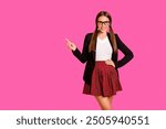 Portrait cute nice lady youth advise ads feedback suggest choice decision look direct eyewear eyeglasses specs pullover white plaid tail trendy stylish blazer jacket isolated yellow background