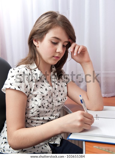 Portrait Cute School Girl Her Desk Stock Photo Edit Now 103655384