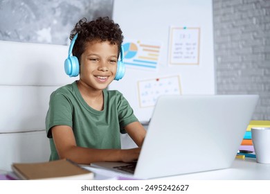 Portrait of a cute smilig African American boy student using laptop computer and headphones during online lesson at table indoors. E-learning, distant education concept                              - Powered by Shutterstock