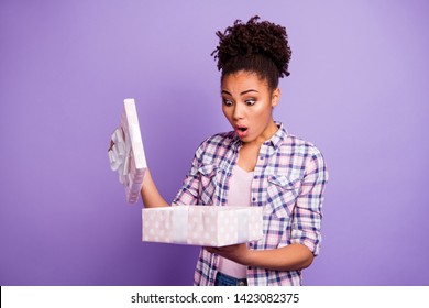 Portrait Cute Teen Teenager Get Wrong Package Anniversary 14-february 8-march Astonished Open Mouth Wow Unbelievable Unexpected Hold Hand Dressed Plaid Spring Outfit Isolated On Purple Background