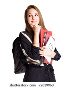 Portrait Of A Cute Young Student Girl With Pondering Gesture.