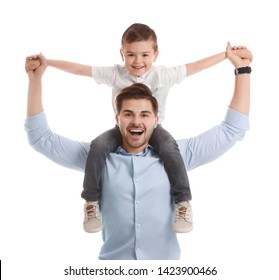 Portrait of dad playing with his son isolated on white