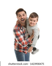 Portrait Of Dad Playing With His Son Isolated On White