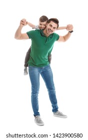 Portrait Of Dad Playing With His Son Isolated On White