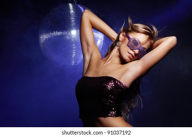 Portrait Of Dancing Girl On Disco Party