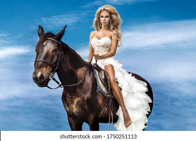 Portrait of a dark horse and woman. Beautiful glamour woman with a horse. Portrait of a beauty blonde bride in wedding dress with horse.