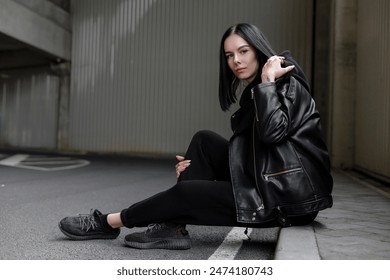 Portrait of a dark-haired young woman in a black leather jacket and black pants sitting in a parking in a city - Powered by Shutterstock