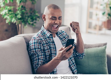 Portrait of delighted ecstatic person hold hand modern technology handsome casual contest victory success champion dressed checked shirt plaid fashionable sit divan room - Powered by Shutterstock