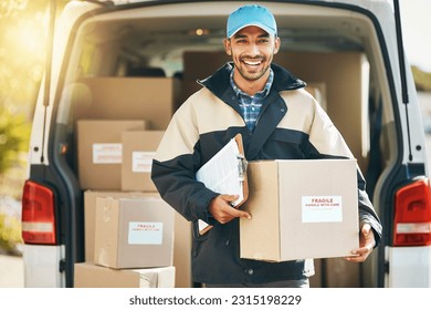 Portrait, delivery and checklist with man and box for courier, logistics and shipping service. Ecommerce, export and freight distribution with postman in vehicle for mail, package and cargo shipment - Powered by Shutterstock