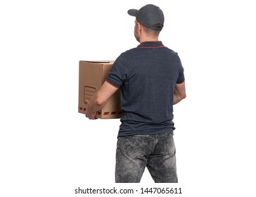 Portrait of Delivery man in cap holding big cardboard box. Handsome man. Courier - back view, isolated on white background. - Powered by Shutterstock