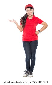 A Portrait Of A Delivery Young Asian Woman Presenting To Copyspace Isolated In White Background