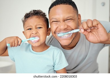 Portrait of dental dad, kid brushing teeth and healthy mouth cleaning in home bathroom. Happy father teaching child oral healthcare, wellness and fresh breath with toothbrush, toothpaste and smile - Powered by Shutterstock