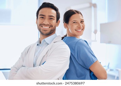 Portrait, dentist team and arms crossed in clinic for orthodontics, collaboration and support. Employees, confident and people for dental care or oral hygiene, healthcare and whitening service - Powered by Shutterstock