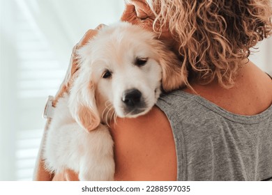 portrait depressed senior woman hugging dog puppy golden retriever pet therapy canisterapy old adults emotion mental health friends love tightly depression,anxiety,tired elderly cry alone home - Powered by Shutterstock