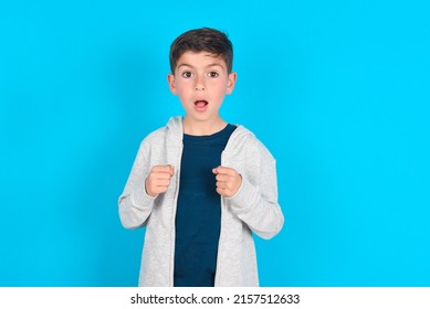 Portrait Of Desperate And Shocked Caucasian Kid Boy Wearing Grey Hoodie Over Blue Background Looking Panic, Holding Hands Near Face, With Mouth Wide Open.